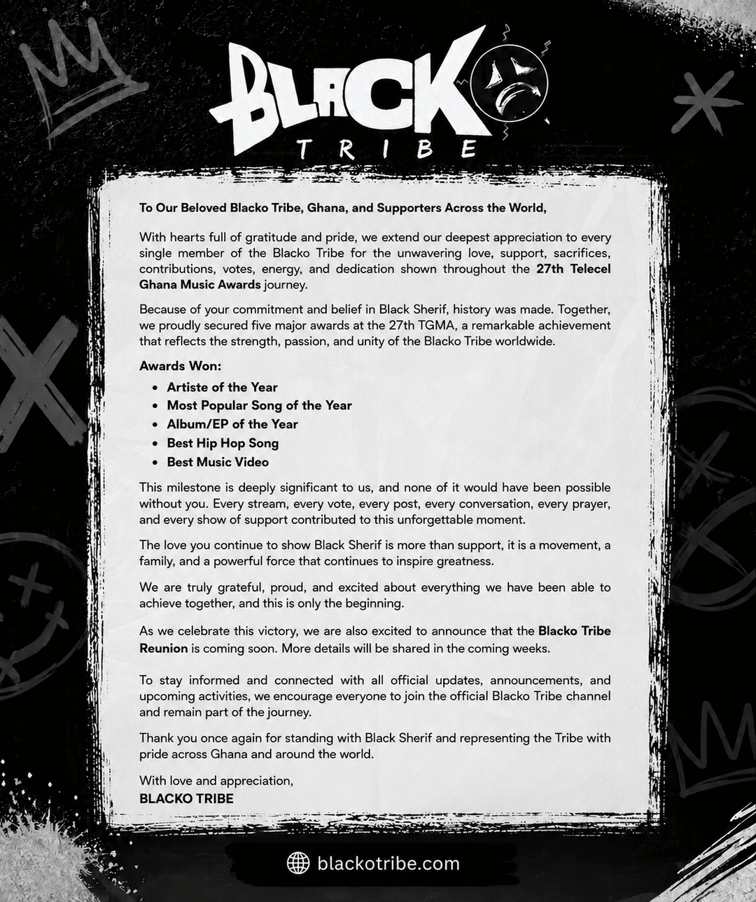 Blacko Tribe official letterhead — featuring the sad-face emblem on grunge texture